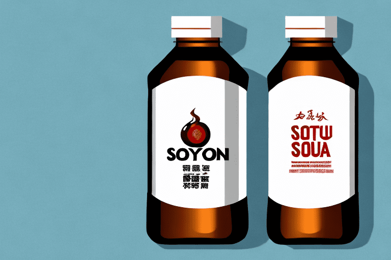 A bottle of soy sauce with a packet of monosodium glutamate beside it