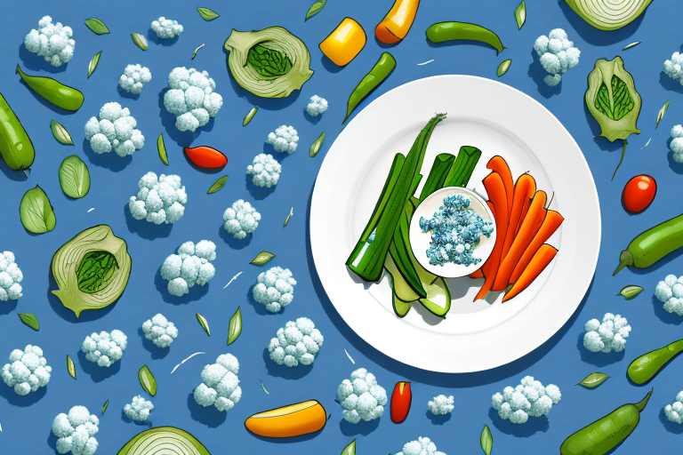 A plate of vegetables with two dipping sauces - one blue cheese and one ranch