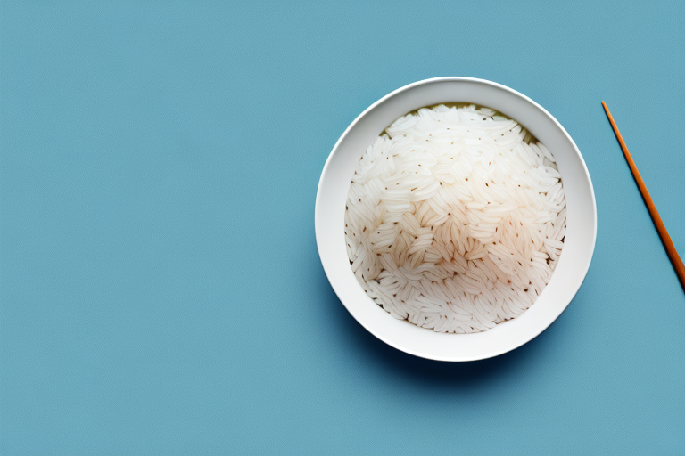 A bowl of rice with grains of rice spilling out