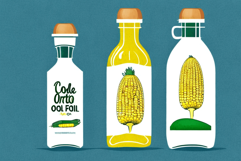 A bottle of corn oil and a bottle of vegetable oil side-by-side
