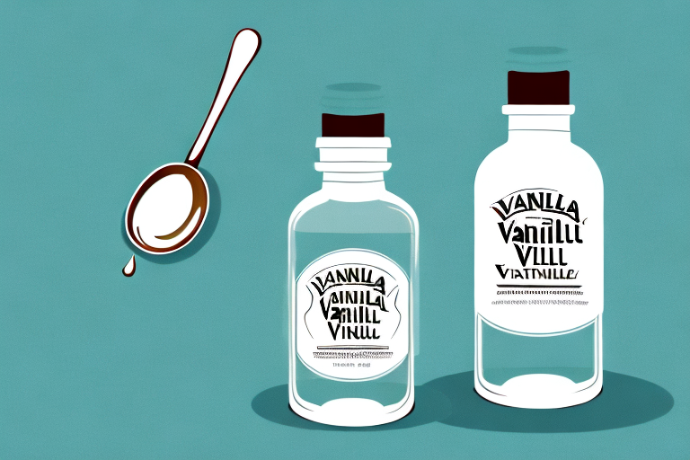 A bottle of vanilla extract with a spoonful of the extract dripping off the spoon