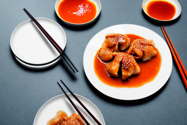 A plate of steaming orange chicken with a fork and knife beside it