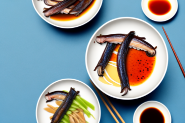 A bowl of cooked unagi with a variety of alternative sauces