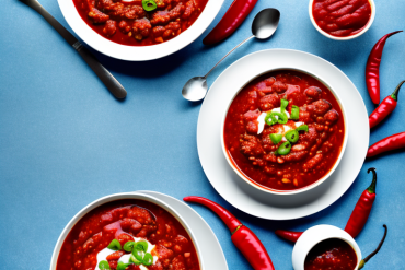 A bowl of chili with a red sauce alternative