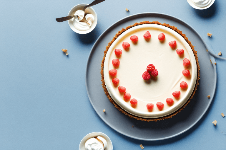 A cheesecake topped with a creamy