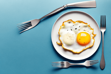 A plate of fried eggs with a fork and knife