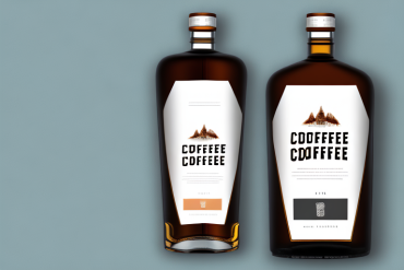 A bottle of coffee liqueur with a cup of coffee beside it