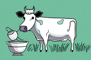 A cow grazing in a field with a churn and a bowl of butter