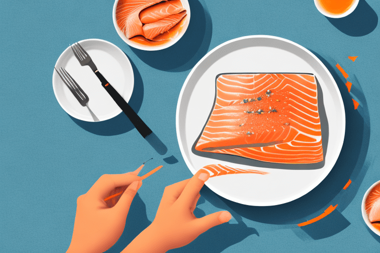 A can of salmon with a steaming plate of cooked salmon beside it