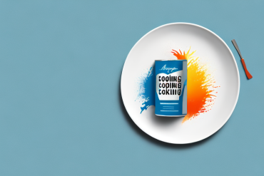 A can of cooking spray spraying onto a plate of food