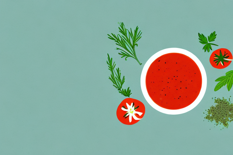 A bowl of tomato juice with a variety of herbs and spices floating on top