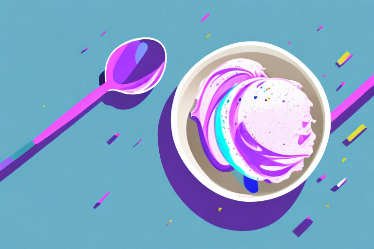 A scoop of ube ice cream in a bowl with a spoon