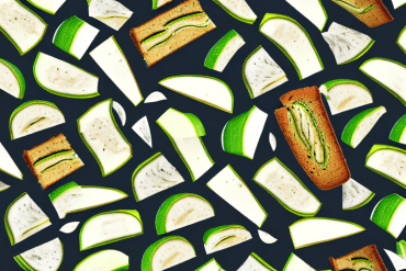 A slice of zucchini bread with a few zucchini slices scattered around it