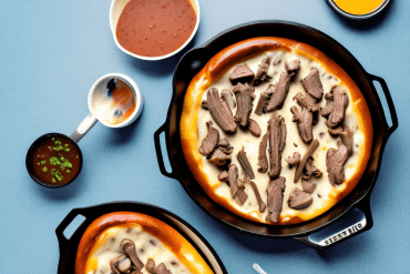 A cheesesteak in a pan on a stovetop