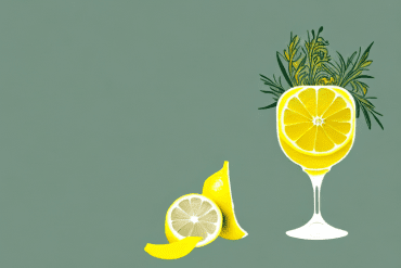 A bottle of yellow liqueur with a sprig of herbs and a lemon slice