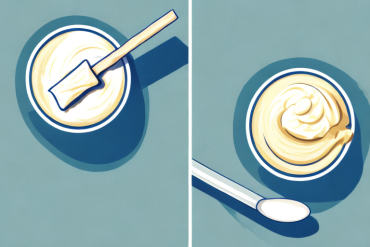 A bowl of cream and a stick of butter side-by-side