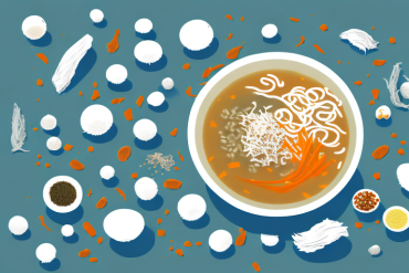 A bowl of broth with various ingredients floating in it