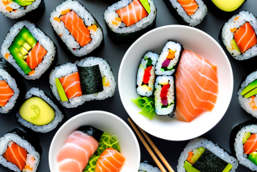 A bowl of sushi with a variety of vegetables and other ingredients as a substitute for nori
