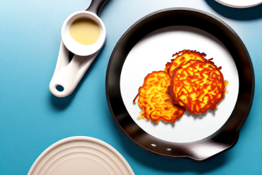 A plate of potato pancakes being reheated in a skillet