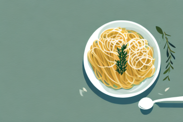A bowl of pasta with a topping of olive oil and herbs