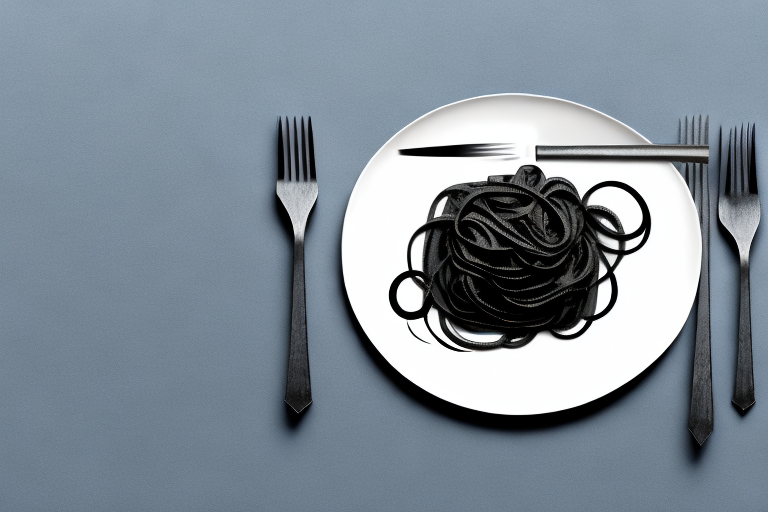 A plate of squid ink pasta with a fork and knife