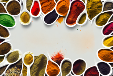 A variety of colorful spices and herbs arranged in an artistic way