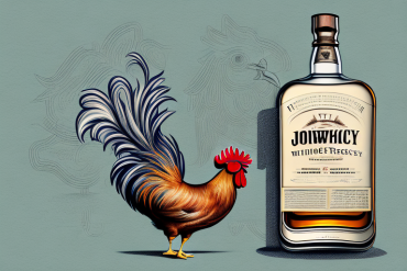 A bottle of whiskey with a rooster perched atop it