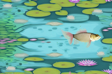 A fish swimming in a pond surrounded by lily pads