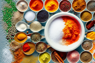 A bowl of salt with a colorful array of spices and herbs sprinkled on top