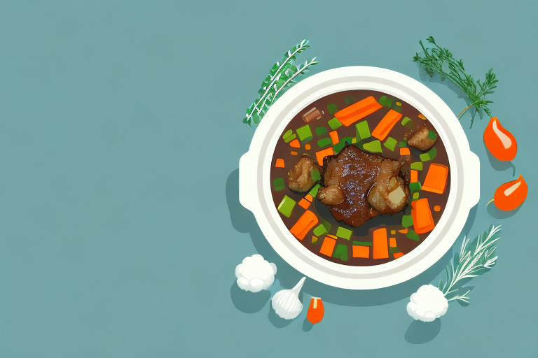 A pot of oxtail-style stew with vegetables and herbs