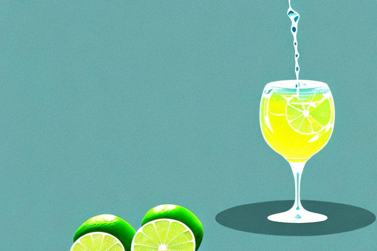 A glass of bubbly liquid with a lime wedge and ice cubes