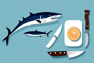 A swordfish on a cutting board with a knife and other kitchen utensils