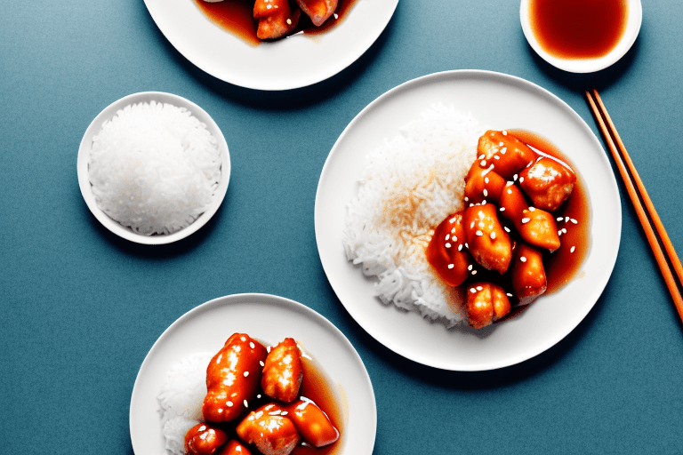 A plate of sweet and sour chicken with a side of steamed rice