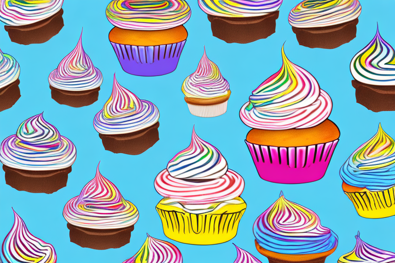 A colorful cupcake with a swirl of either whipped cream or buttercream frosting
