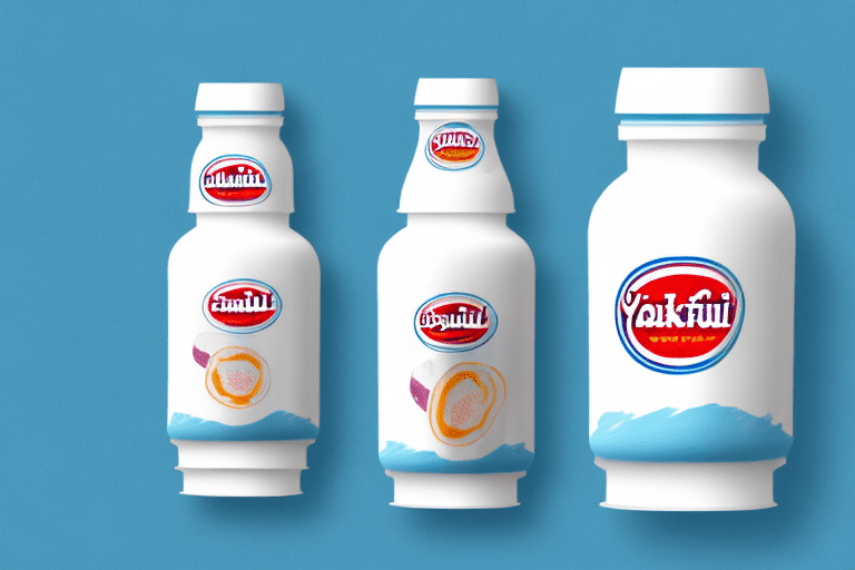 A yakult bottle with a glass of yakult beside it