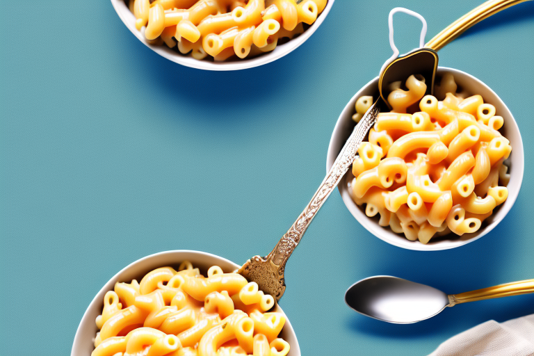 A bowl of macaroni and cheese with a spoon scooping out a portion