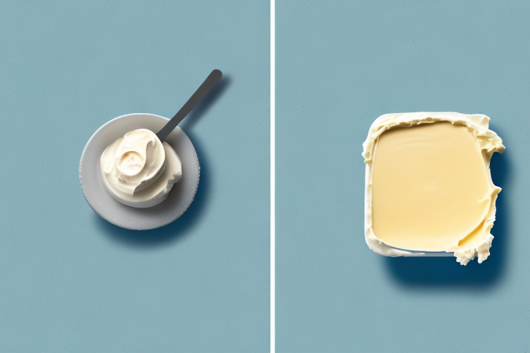 A side-by-side comparison of a stick of butter and a container of sweet cream butter