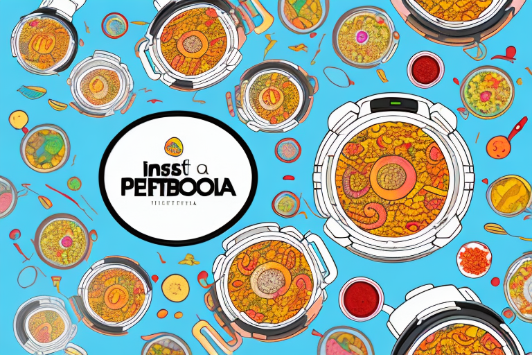 An instant pot with a colorful paella dish cooking inside