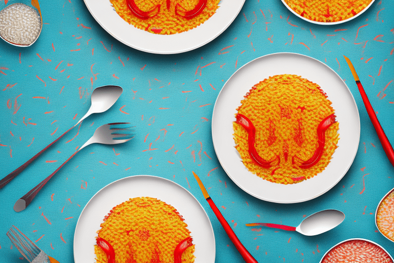 A colorful plate of paella rice with a fork and spoon