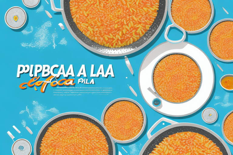 A plate of paella rice with a can of soda beside it