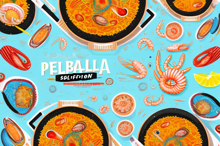 A colorful paella dish with seafood ingredients