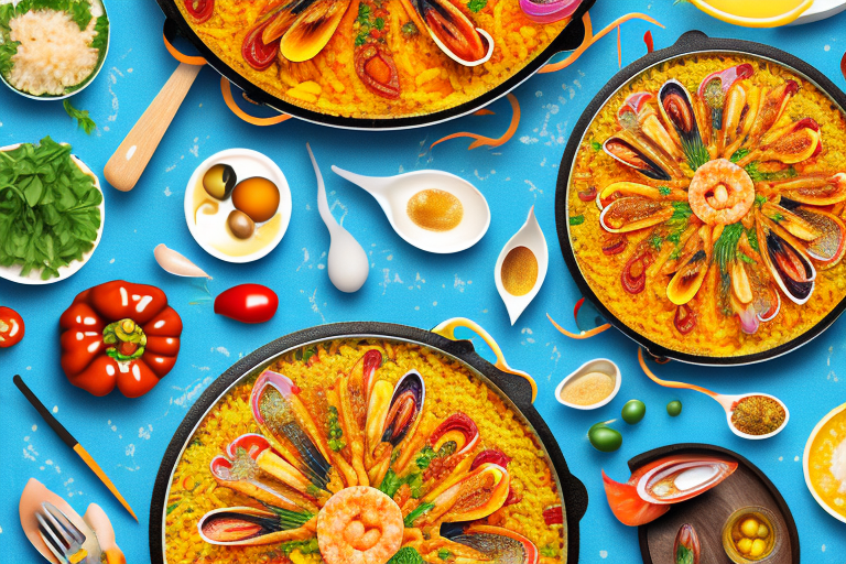 A colorful paella valenciana dish with ingredients including seafood