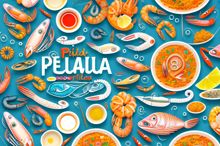 A colorful paella dish with seafood ingredients