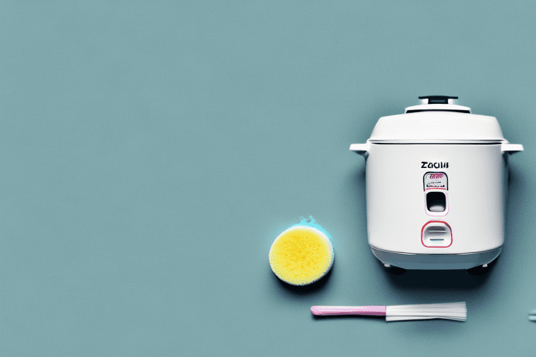 A zojirushi rice cooker with a sponge and cleaning supplies nearby