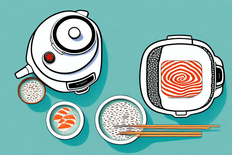 A zojirushi rice cooker with a bowl of sushi rice beside it