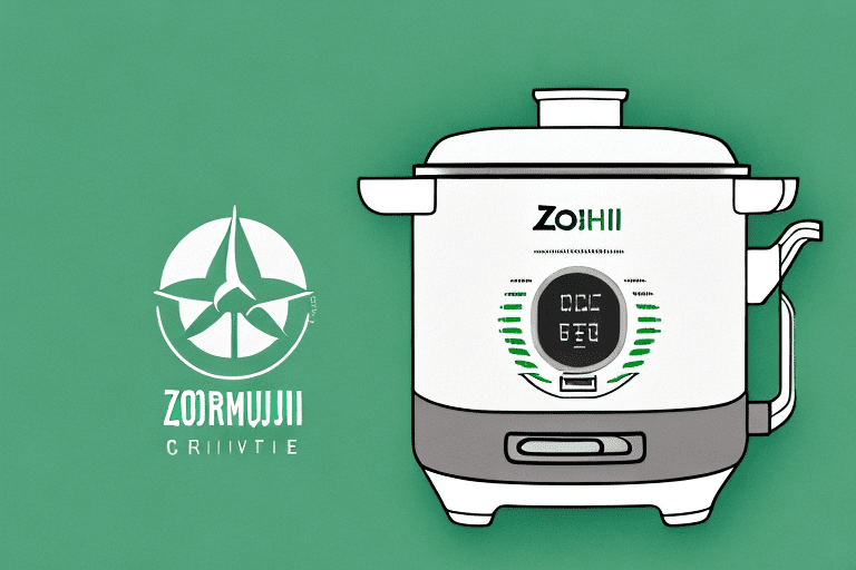 A zojirushi rice cooker with a green energy-saving symbol