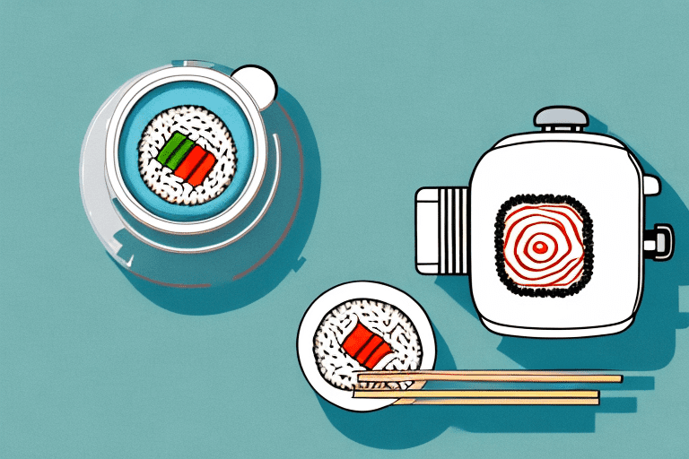 A zojirushi rice cooker with a bowl of cooked sushi rice beside it