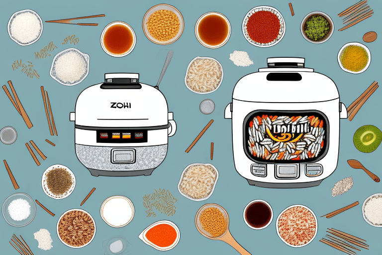 A zojirushi rice cooker filled with ingredients for jambalaya