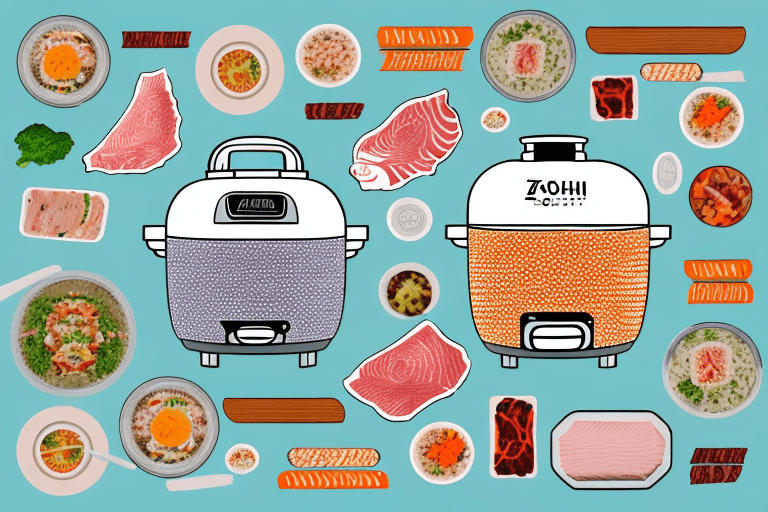 A zojirushi rice cooker with a variety of meats and poultry cooking on top