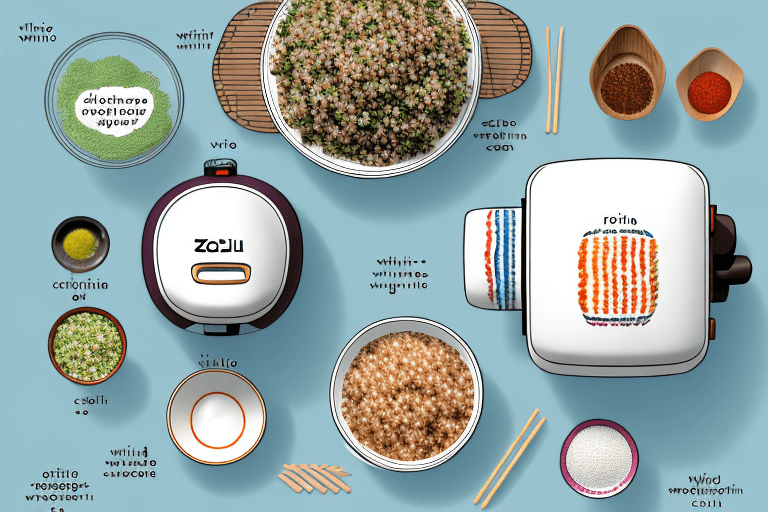 A zojirushi rice cooker with quinoa salad ingredients beside it